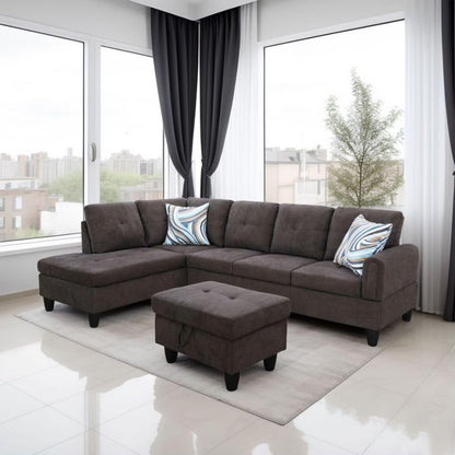 UOCFYK Dark Brown L-Shaped 3-Piece Flannel Sofa with Storage Ottoman Set, Sectional Couch Sofa Set for Living Room, Office, Small Space