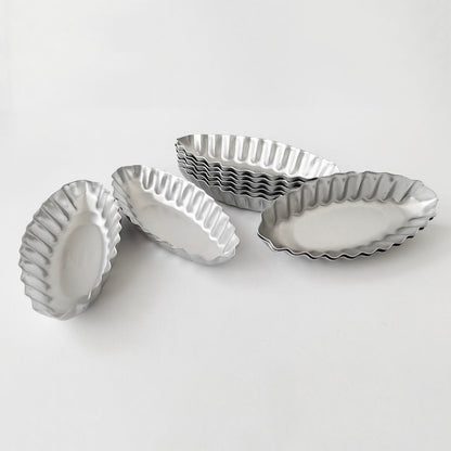 Heluok Tiny Tart Pan Boat Shape, 10PCS Egg Tart Mold Fluted Edge, Wave Flower Aluminum Baking Tool, Reusable Dessert Tray for Small Tartlets, Quiches