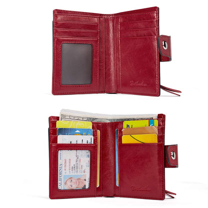 BOSTANTEN Women Leather Wallet RFID Blocking Small Bifold Zipper Pocket Wallet Card Case Purse with ID Window Red