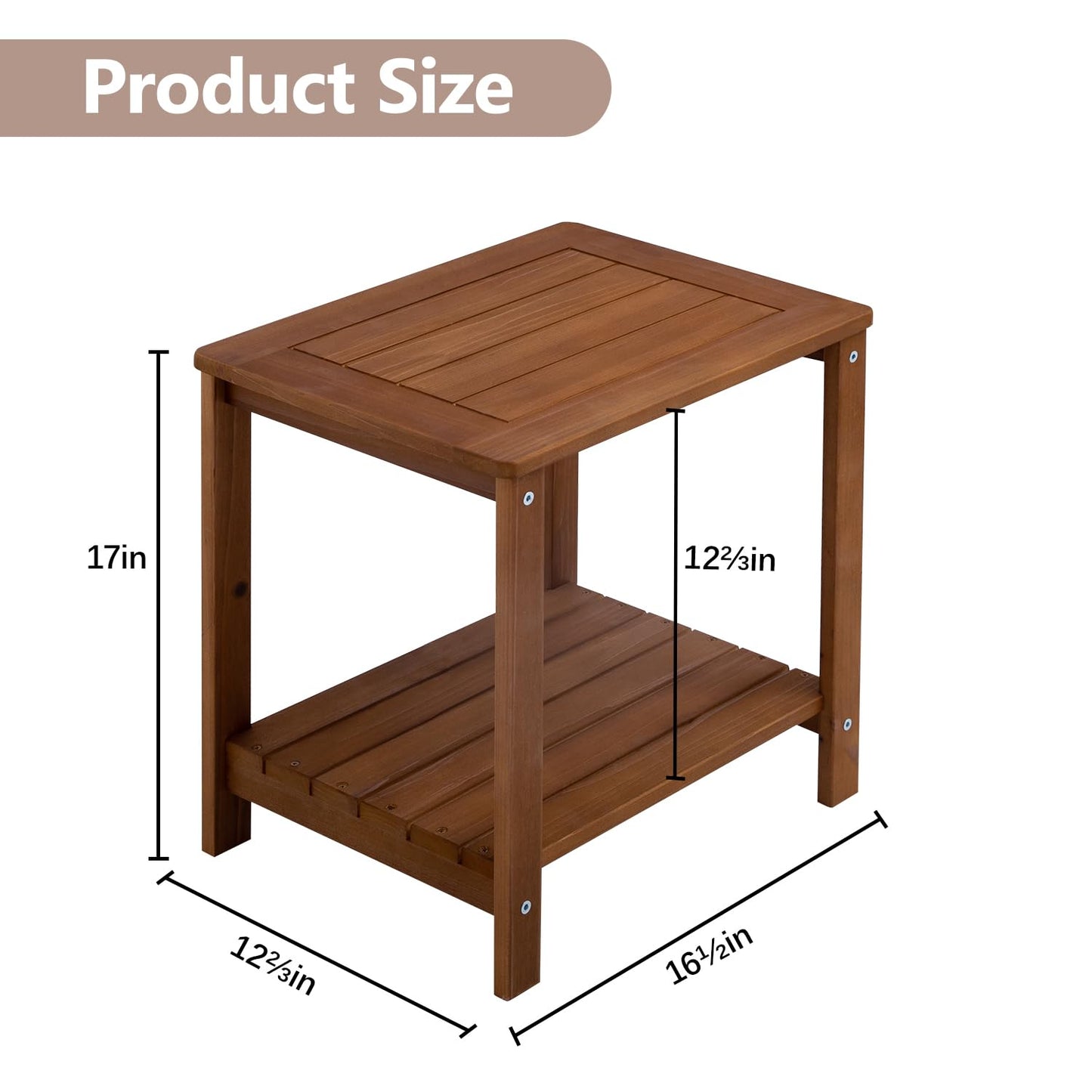 PHOARTS Solid Fir Wood Outdoor Side Table,2 Tier Small Patio End Table with Slatted Storage Shelf,Wooden Accent Table for Porch,Poolside,Garden,Living Room, Bedroom, 16.5 x 12.7 x 17 in,Brown