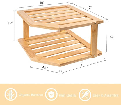 VERTORGAN Bamboo Corner Shelf(3 Pack),2 Tier Plate Organizer for Cabinet and Countertop,Pantry Dish and Spice Rack for Kitchen