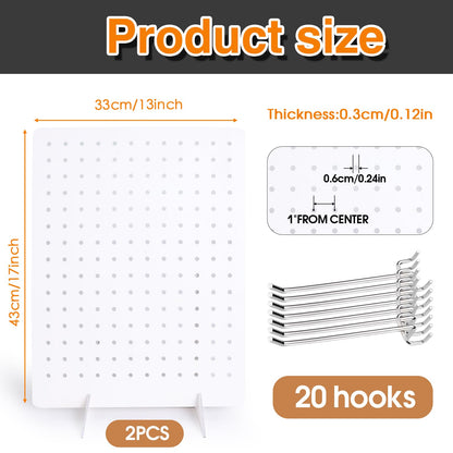 2 Pcs Wooden Pegboard Display Stand with 20 Pcs Metal Hooks for Craft Shows 17" X 13" Jewelry and Key Ring Retail Display Racks Retail Rack Pegboard Display Board for Selling Peg Board Rack Organizer