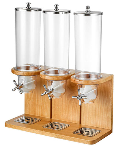 Litelogy Cereal Dispenser with Wooden Base, 3 Barrels Airtight Dry Food Container, 4L Each Countertop Organizer for Oats, Grains, Nuts, Beans, Rice