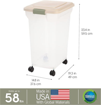 IRIS USA Dog Food Storage Container 58 lbs, Attachable Wheels,