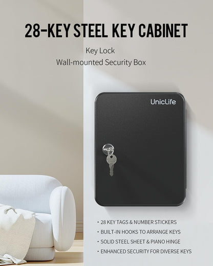 Uniclife Steel Key Cabinet Wall Mounted Organizer - 28 Keys, 2 Unlocking Keys - Black Frosted Security Box with Hooks and Color-Coded Labels