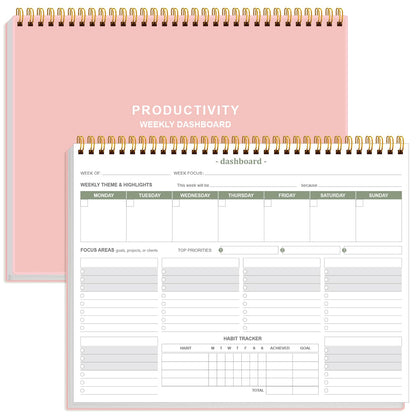 Weekly Productivity Dashboard - 8.5" x 11" Dashboard Desk Notepad Has 6 Focus Areas to List Tasks for Goals, Projects, Clients, Academic or Meal-Organize Your Daily Work Efficiently, 54 Weeks, Light Pink