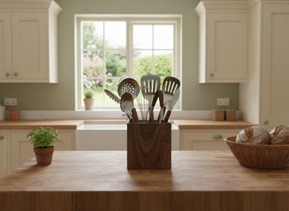 IVE Design Walnut Utensil Holder for Kitchen Wood Utensil Crock Wood Utensil Holder