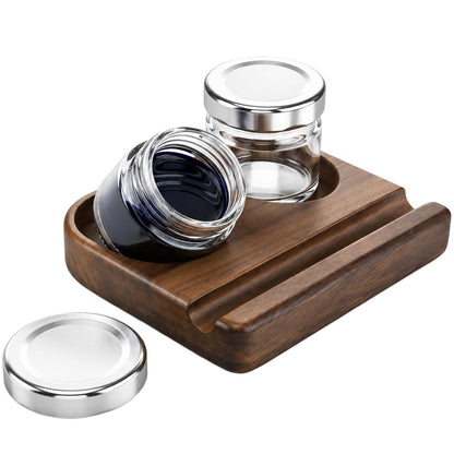 ZOOFOX Wooden Tilting Calligraphy Pen Holder, Brown Wood Ink Well for Dip Pen with Pen Rest and Two Empty Glass Ink Bottle Container, Calligraphy Oblique Nib Holder for Effortless Writing