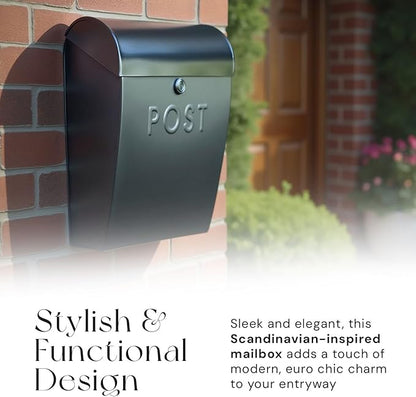 NACH Locking Mailbox, 15.07 x 12.44 x 5.39 inches, Black Lockable Mailboxes for Outside, Large Wall Mount Mailbox - The Sylvia Mailbox