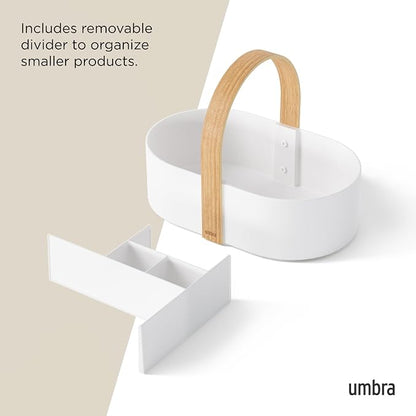 Umbra Bellwood Caddy, Organizer Bin for Makeup and Cosmetics, Durable Lightweight Container with Wooden Handle and Removable Dividers, Small, White/Natural