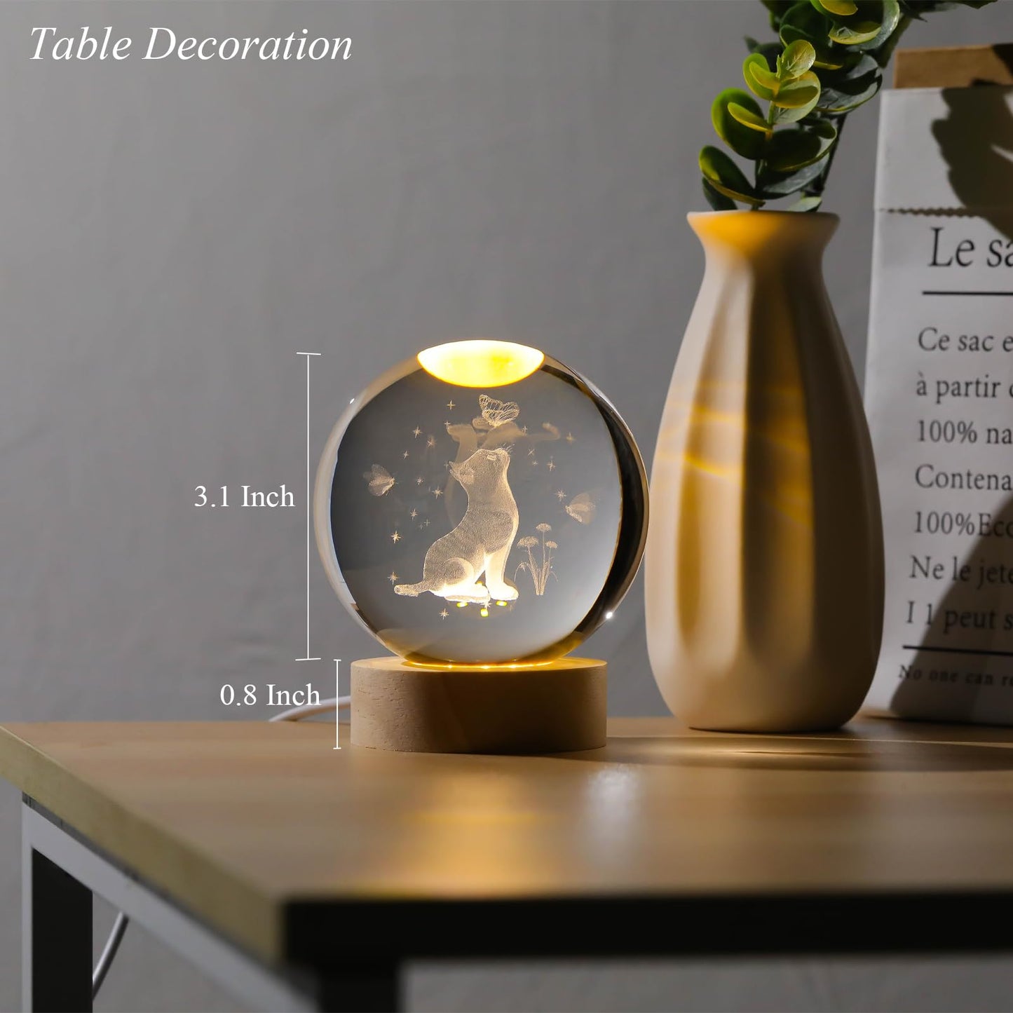 Arikyrist 3D Crystal Cat Figurines with Wooden Light Base, 80mm Crystal Ball Decor, Laser Engraved Glass Sphere Cat Gifts