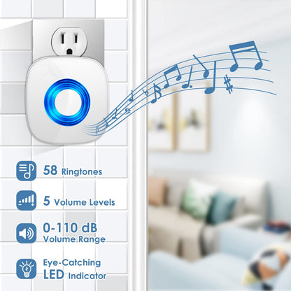 Wireless Doorbell, PHYSEN Waterproof Door bell Chime Kit Operating at 1300-ft Range 58 Adjustable Melodies 5 Volume Levels & LED Flash, Doorbell Alarm for Home/Classroom, 2 Push Buttons+4 Receivers