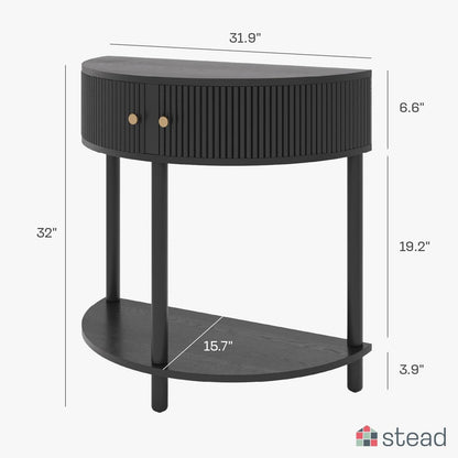 Stead Entryway Table Fluted Half Moon Console - Semicircular, Black Oak Veneer - Hidden Storage with Two Fluted Doors & Brass Knobs - Modern Narrow Console Table for Living Room & Hallway