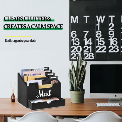 Niciksty Wood Desktop Mail Organizer, Mail Organizer Countertop with 4 Compartments and Drawer, Wood Mail Holder Sorter Organizer Holder for File Letter Paper Folder, Black Wooden Desk Organizer