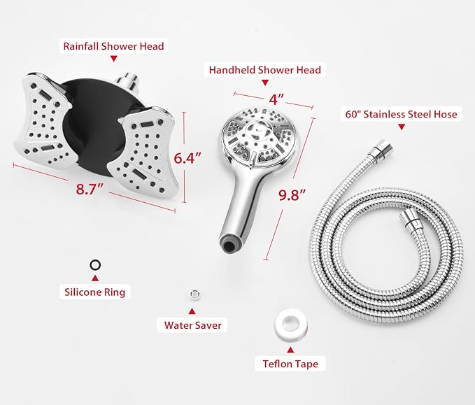 GRICH 1.8GPM Shower Head with Handheld Spray Combo: 2 in 1 Rainfall Shower Heads high pressure & Handheld Shower Head, 9 Spray Modes/Settings Detachable Shower Head with 60 Inch Hose, Chrome
