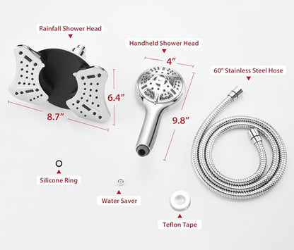 GRICH 1.8GPM Shower Head with Handheld Spray Combo: 2 in 1 Rainfall Shower Heads high pressure & Handheld Shower Head, 9 Spray Modes/Settings Detachable Shower Head with 60 Inch Hose, Chrome