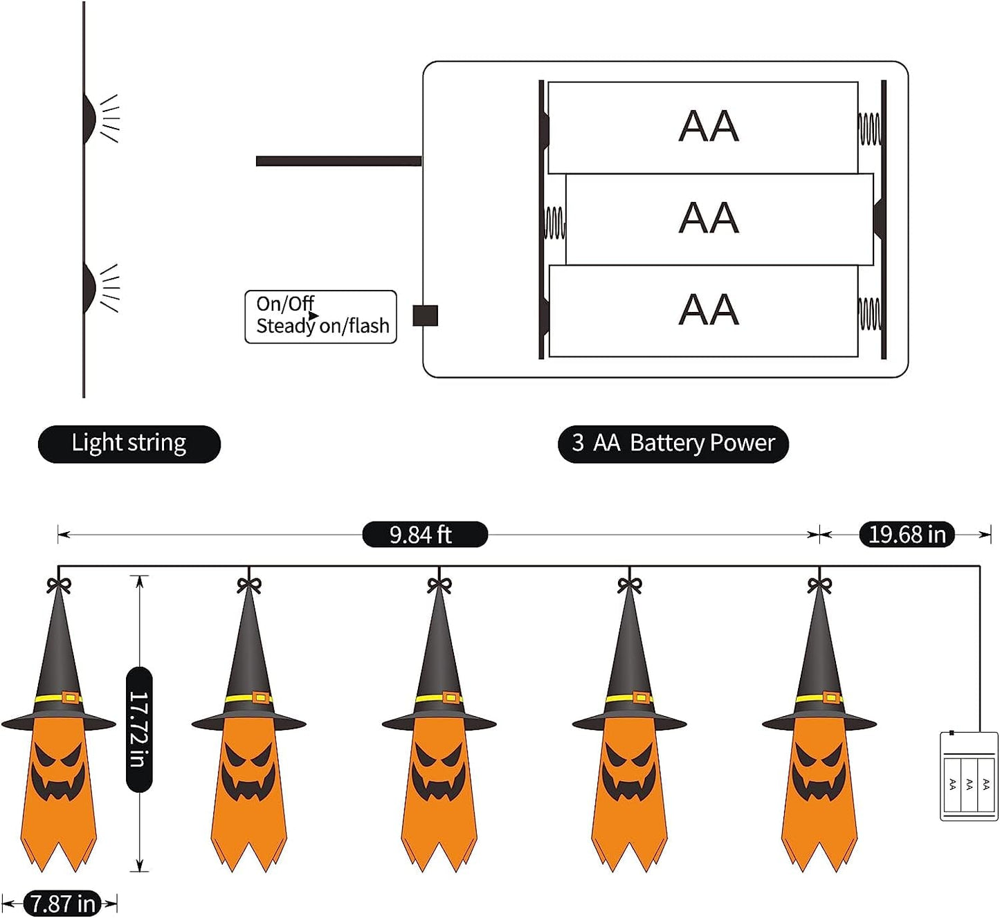 HOMEHIGH Halloween Outdoor Decor Hanging Lighted Glowing Ghost Witch Hat,5 Pack Lights Ghost Halloween Decor Light,Led String Lights Waterproof Battery Box, Indoor Outside Home Porch Yard Tree Garden