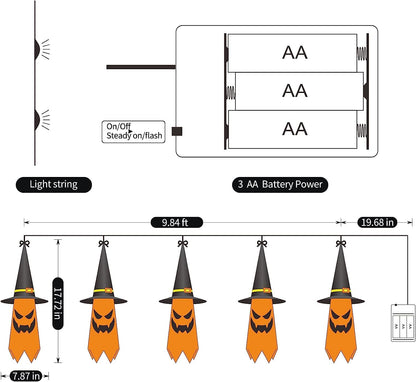 HOMEHIGH Halloween Outdoor Decor Hanging Lighted Glowing Ghost Witch Hat,5 Pack Lights Ghost Halloween Decor Light,Led String Lights Waterproof Battery Box, Indoor Outside Home Porch Yard Tree Garden
