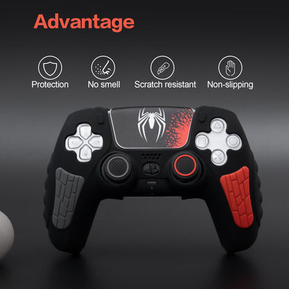 ECHZOVE PS5 Controller Cover Case - Anti-Slip Silicone Skin for PS5 DualSense Controller with Thumb Grip Caps, Joystick Protectors, Spider-Man Theme Sticker - Black