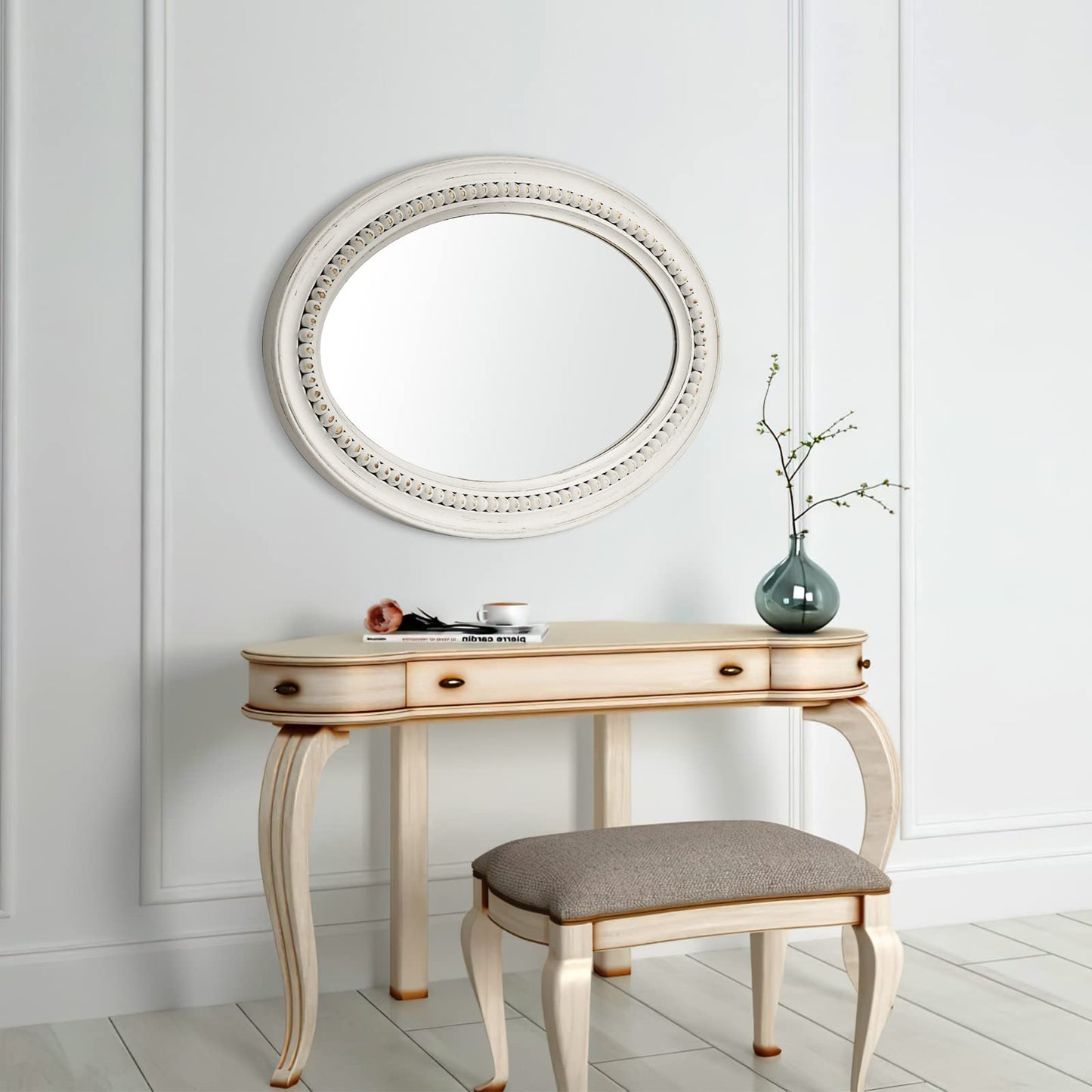 H HOMEWINS Oval Mirrors for Wall,20x30 Oval Wooden Rustic Farmhouse White Beads Boho Decorative Mirror for Bedroom, Bathroom, Living Room,Vanity