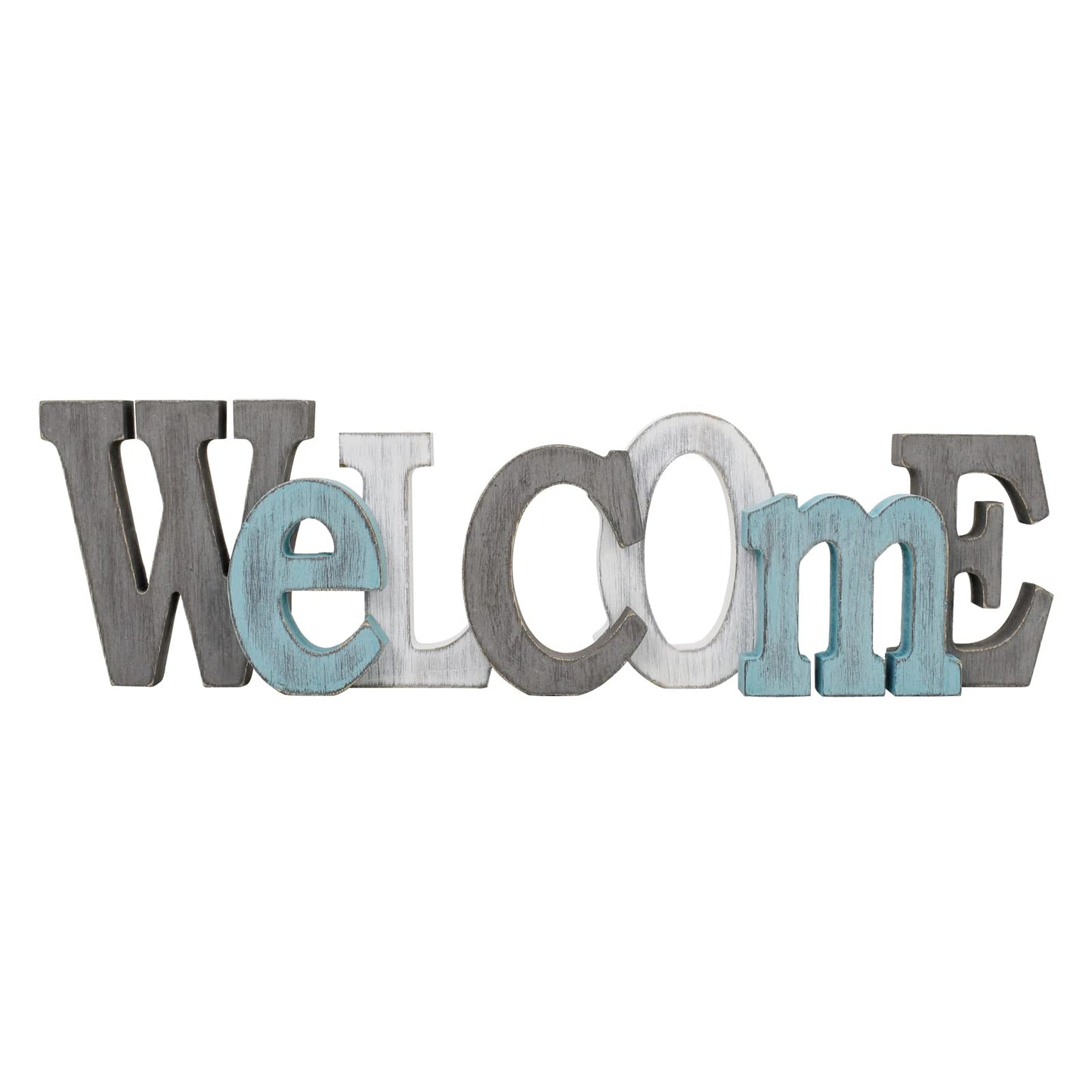 Linfevisi Wooden Welcome Sign Aqua Hanging Block Letters Sign Rustic Freestanding Wood Word Decor Decorative Welcome Table Sign Cutout Word Art Wall Decor (Welcome)