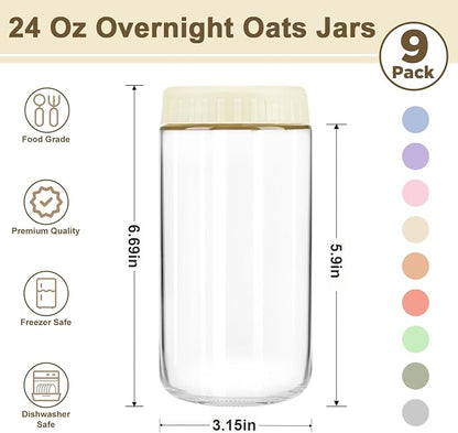 Overnight Oats Containers with Lids, 24oz Wide Mouth Mason Jars with Lids, 9 Pack Glass Jars with Airtight lid for Chia Pudding Yogurt Salad, Meal Prer Oatmeal Jars, Yellow