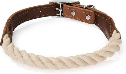 Mile High Life Genuine Leather Dog Collar, Durable Braided Cotton Rope Collar with Metal Pin Buckle for Small Medium Large Dogs (Beige, M Neck 15"-18")