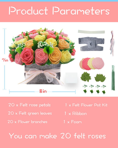 DIY Felt Flower Art Craft Kit, DIY Rose Pot Bonsai Kit, Beginner Floral Gifts - Arrange Pre-Cut Flowers and Foliage - Red, Pink, Yellow