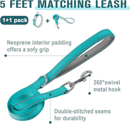 Dog Collar for Medium Small Large Dogs Reflective with Leash,Collar and Leash for Dogs,Soft Neoprene Padded 2 Pack(Ocean Blue,L)