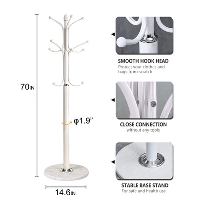 Kertnic Freestanding Coat Rack Stand, Heavy Duty Metal Hall Tree with 12 Hooks, 70 Inch Tall Stable Coat Hanger with 14.6" Natural Marble Base, Entryway Organizer for Coats Bags Hats Purses (White)