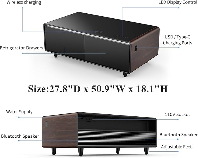 Smart Coffee Table with Fridge and Bluetooth, Smart Refrigerator Table with Dual Speakers, 15W Wireless Charger, Control Panel, Outlet Protection, USB Port, Atmosphere Light, LT135 Pro-Brown