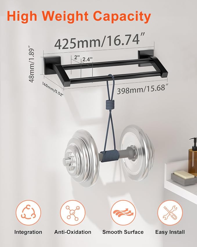 Alise Bath Double Towel Bars,16 Inch Towel Holder Towel Racks for Bathroom Useable Length 14.9 Inch,SUS304 Stainless Steel Towel Hanger Towel Rail Wall Mount,Matte Black