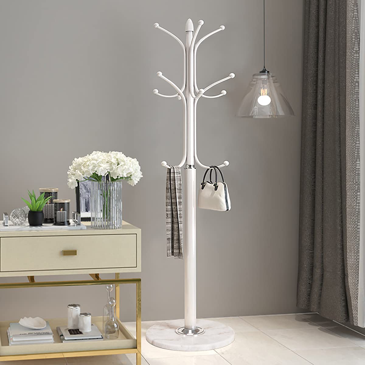 Kertnic Freestanding Coat Rack Stand, Heavy Duty Metal Hall Tree with 12 Hooks, 70 Inch Tall Stable Coat Hanger with 14.6" Natural Marble Base, Entryway Organizer for Coats Bags Hats Purses (White)