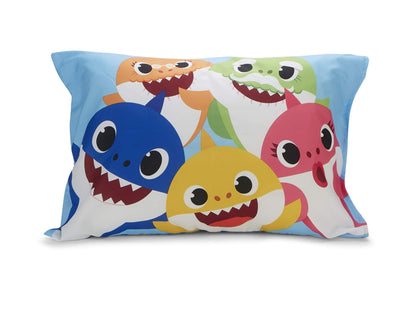 Baby Shark 4-Piece Toddler Bed Set including Super Soft Matching Sheets Set, Pillowcase, and Reversable Comforter For Boys and Girls - (Offical Product)