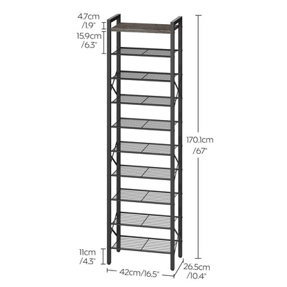 YATINEY 10-Tier Narrow Shoe Rack, Tall Shoe Rack for 10-20 Pairs, Shoe Storage Shelf with 2 Non-Woven Drawers, SS68BC-SS11BR