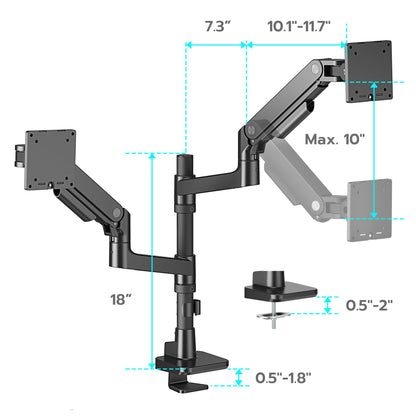 ARES WING Dual Monitor Arm Desk Mount for 17-49 Inch Ultrawide Monitors, Heavy Duty Dual Monitor Mount Holds 44 lbs, Full Motion Gas Spring Vertical Stacked Monitor Mount, 75/100 VESA Mount, Black