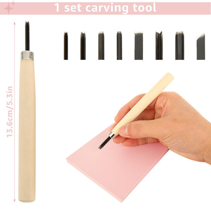 DIRBUY 10 Pack Rubber Stamp Making Kit - Block Printing Kit，Linoleum Carving Tools with 8 Type Blades, 8 Pcs Pink Rubber Carving Block and Rubber Brayer Roller