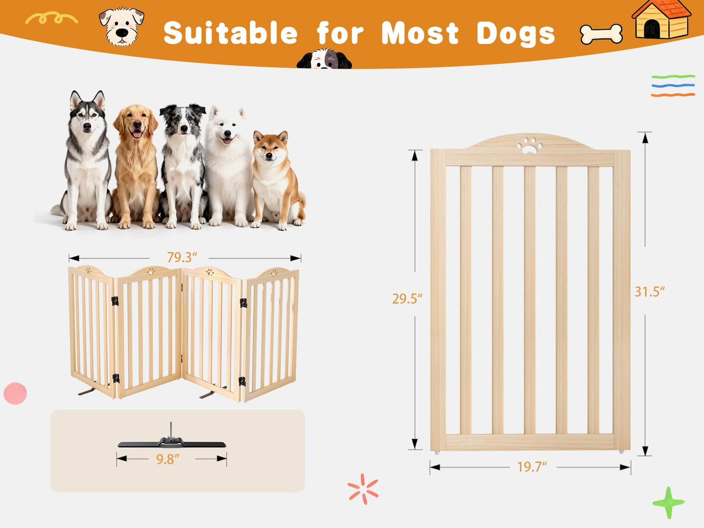 Oapety Wooden Dog Gate Indoor, 31.5" H Freestanding Doggy Gate, No-Painted Folding Cute Puppy Fence for Doorways Stairs Hallways, 4 Panels