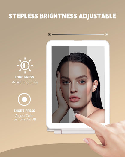 Travel Mirror with Lights Makeup Mirror Touch Screen 3 Colors Light 72 LEDs Rechargeable, 1000mHA 7.9x5.3-Inch Desk Compact Mirror White