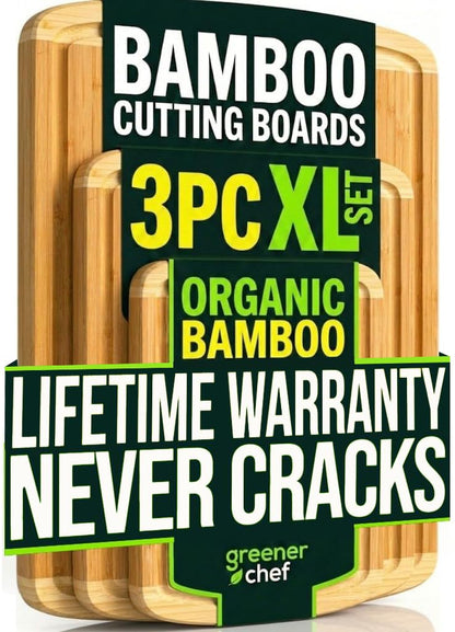 Greener Chef Luxury XL Bamboo Cutting Board Set of 3 with Vertical Grain Strength Technology - Extra Large Wood Cutting Boards for Kitchen and Lightweight Chopping Board Set - Replacements for Life