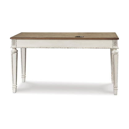 Signature Design by Ashley Realyn Farmhouse Home Office Desk, 2 Drawers, Drop-down Drawer, USB Charging, Wood, 60" W x 28" D x 31" H, Chipped White and Brown