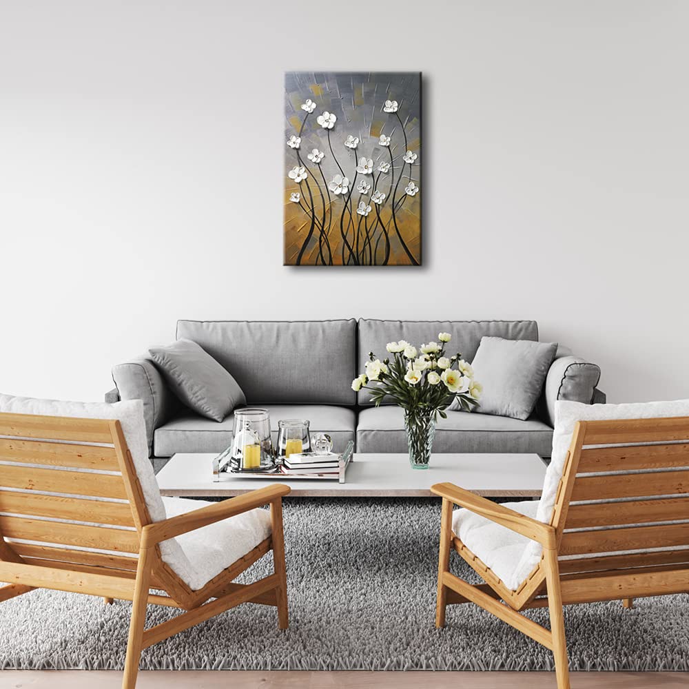 Wieco Art Morning Dancing 100% Hand Painted Floral Oil Paintings Canvas Wall Art Modern Stretched and Framed Grace Abstract Flowers Artwork Ready to Hang for Living Room Home Decorations Wall Decor