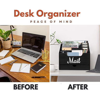 Niciksty Wood Desktop Mail Organizer, Mail Organizer Countertop with 4 Compartments and Drawer, Wood Mail Holder Sorter Organizer Holder for File Letter Paper Folder, Black Wooden Desk Organizer