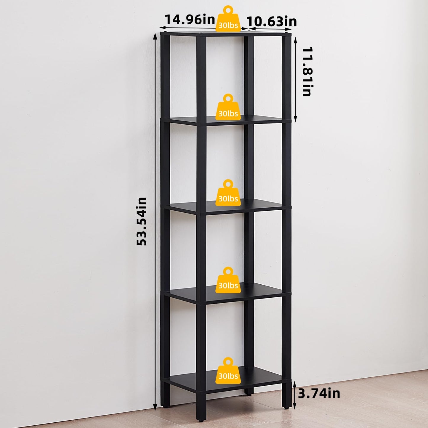 YUFAM 54in Tall Bookshelf 5-Tier Small Narrow Bookcase, Skinny Book Shelf for Small Space, Farmhouse Slim Shelf with Storage, Wood Freestanding Display Thin Bookshelves for Living Room, Office, Black