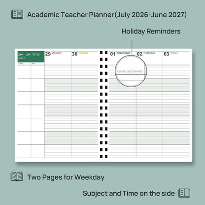 POPRUN Teacher Lesson Planner 2026-2027, (Letter Size - 8.5'' x 11'') Academic Planner July 2026 - June 2027 with Gradebook & Color Monthly Tabs, Thick Paper, 2-Sided Pocket, Leather Cover, Lilac
