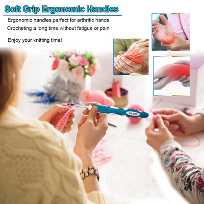 Latest Set of 27 PCS Ergonomic Crochet Hooks Set with Case Extra Long Soft Grip Handles Crochet Hook Needles for Arthritic Hands,Standard US Size B(2MM)-J(6MM)