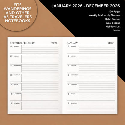 Wanderings A5 Traveler's Notebook Calendar Refill Inserts - 5.8''x 8.4'' (14.2cm x 21 cm) - January 2027 - December 2027 - A5 Calendar Planner Refills For Leather Travel Journals, Diaries and Planners