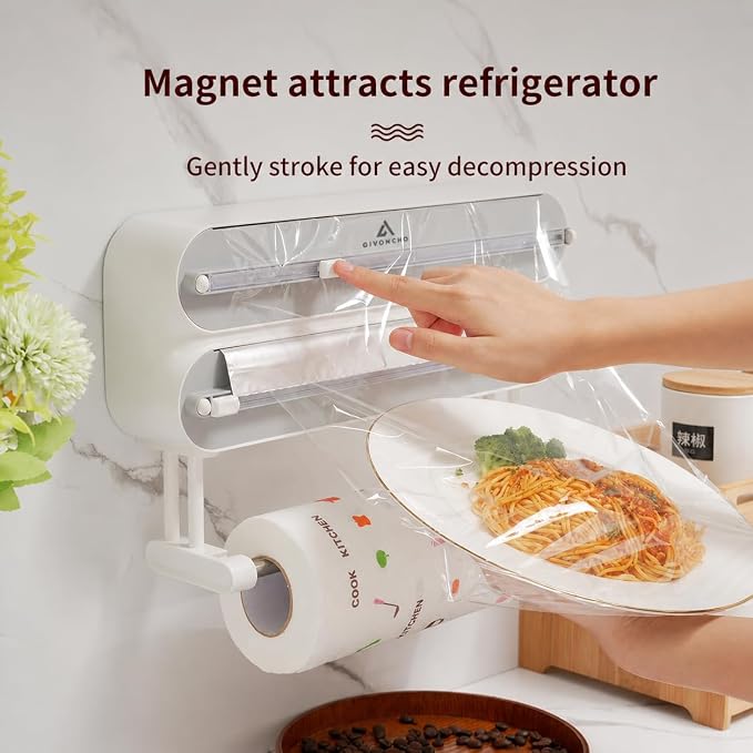 Magnetic Plastic Wrap Dispenser with Cutter, 3-in-1 Kitchen Wrap Organizer for Plastic Wrap, Aluminum Foil & Cling Film, Wall Mount Wrap Dispenser with Paper Towel Holder (3 in 1)