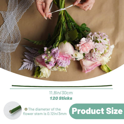 120Pcs Floral Wire, 30cm/11.8in Length 3mm/0.12in Diameter Floral Stems, 18 Gauge Flower Wire Wrapped with Paper (Green)