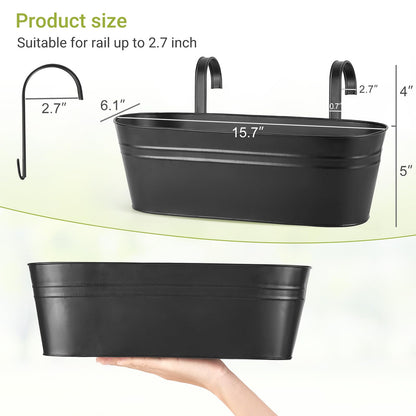 Dahey 4 Pcs Metal Hanging Flower Pots for Railing Fence Outdoor Planter 15.7 Inch Hanging Bucket Pots Countryside Window Flower Plant Holder with Detachable Hooks for Garden Yard Home Decor,Black